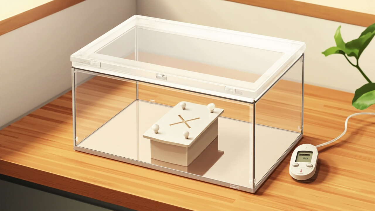 Clear tabletop greenhouse on a kitchen counter with a single oyster block and a small hygrometer inside.