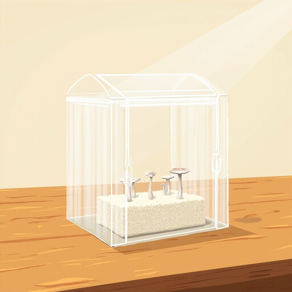 Small BOHOIDEE budget mini greenhouse on a kitchen counter with a single oyster block inside.