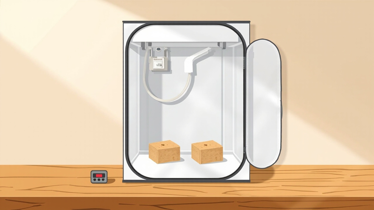 InnovifyHub premium mushroom tent kit with humidifier and clear window, kitchen counter placement with two blocks inside.