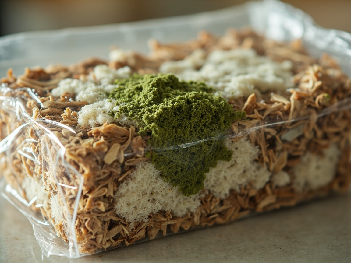 Grow kit block in plastic with a green mold patch spreading across the substrate