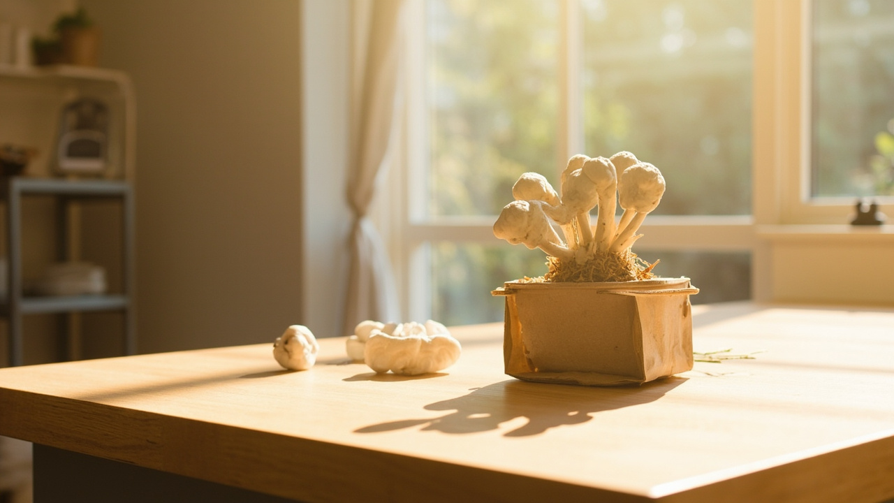 White oyster mushrooms fruiting from a cardboard box grow kit on a sunlit table