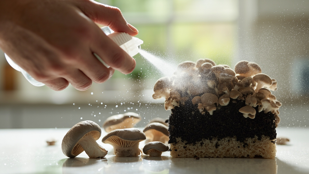 Hand misting a mushroom kit block with a spray bottle, harvested mushrooms beside it