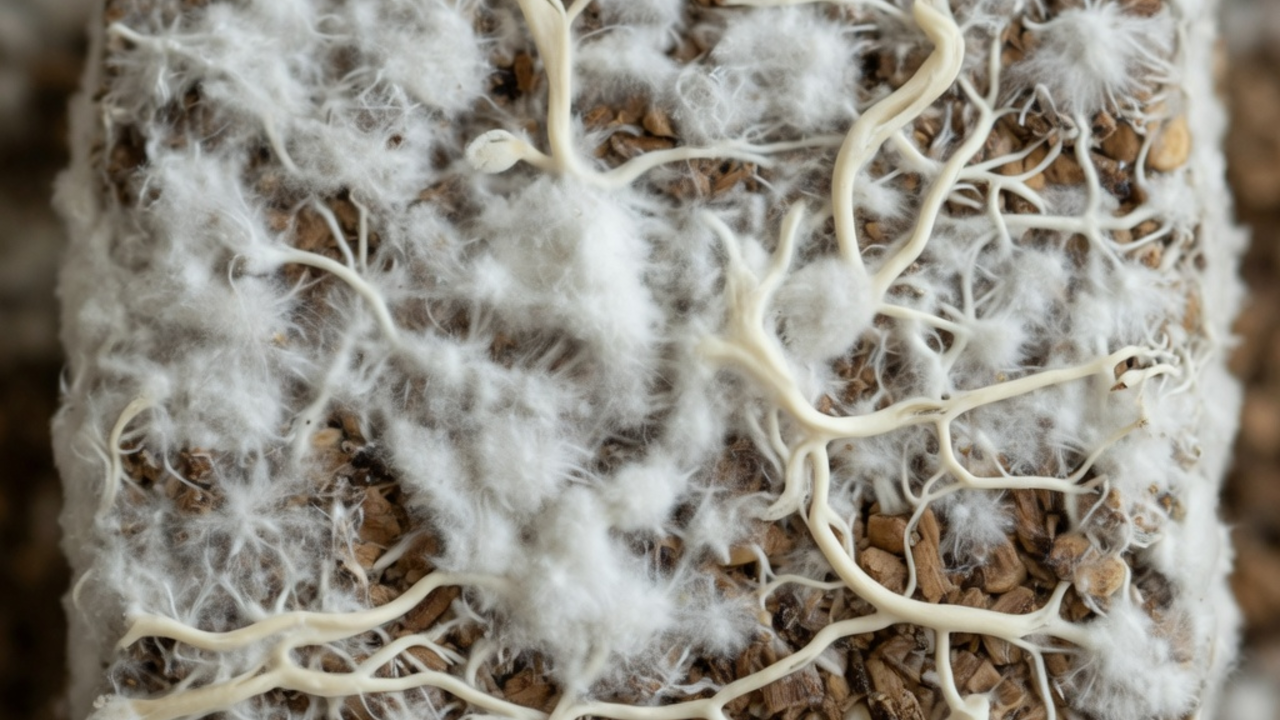 White mycelium and thick rhizomorphs colonizing a sawdust grow kit block
