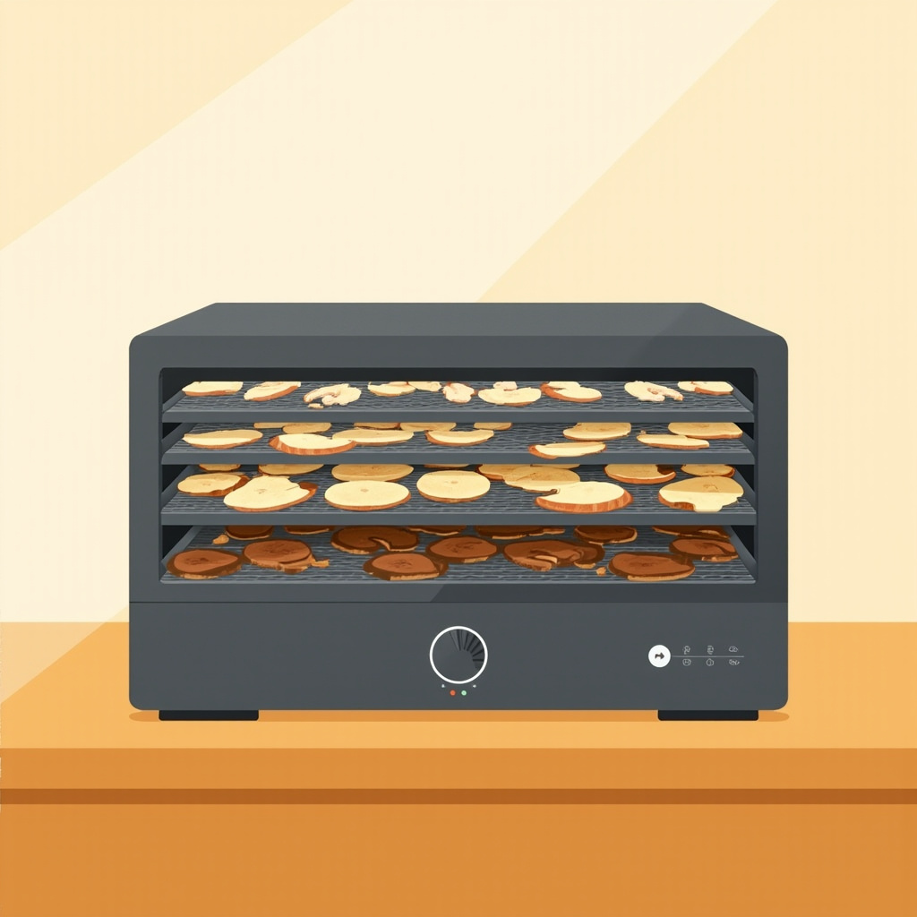 Rosewill 5-tray dehydrator with adjustable temperature dial set to 135 F on a kitchen counter.