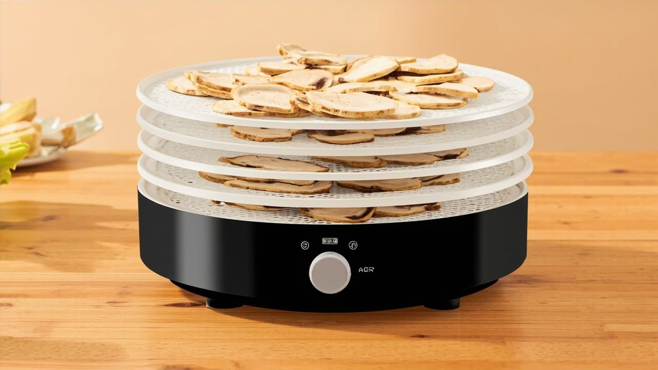 Cosori 5-tray dehydrator with 165 F control on a kitchen counter, sliced shiitake on trays.