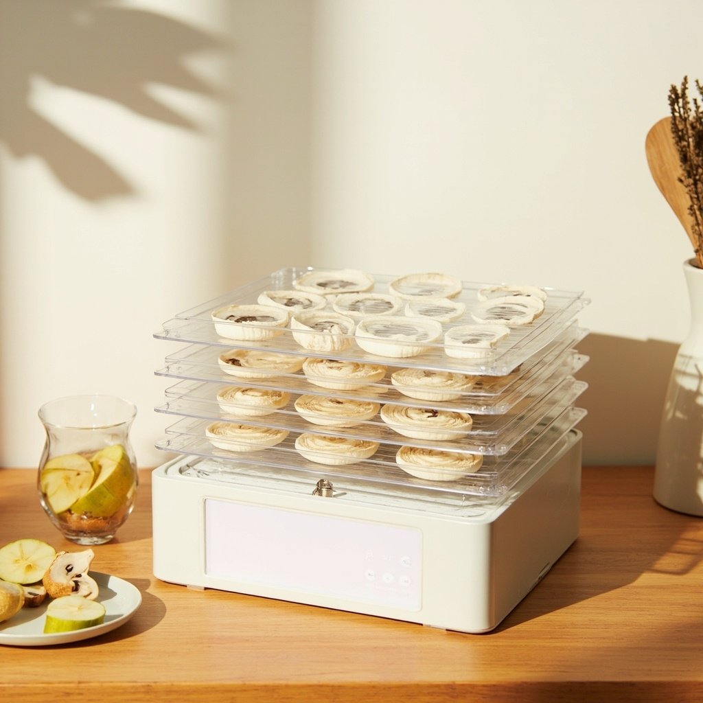 Elite Gourmet digital dehydrator with 48-hour timer on a kitchen counter, oyster slices on trays.