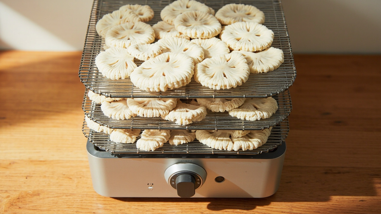 Magic Mill premium dehydrator with stainless steel trays, lion's mane slices on top.