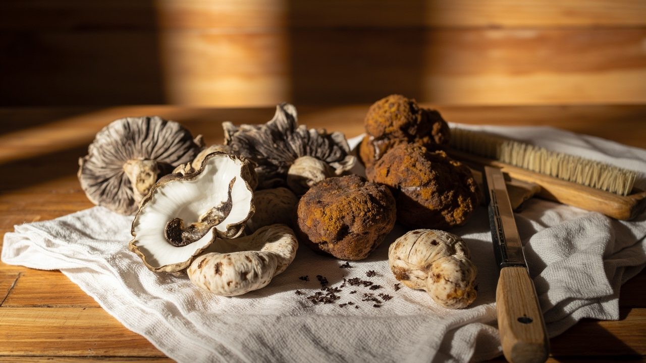 Hands brushing substrate crumbs off freshly harvested oyster mushrooms with a dry cloth before fridge storage