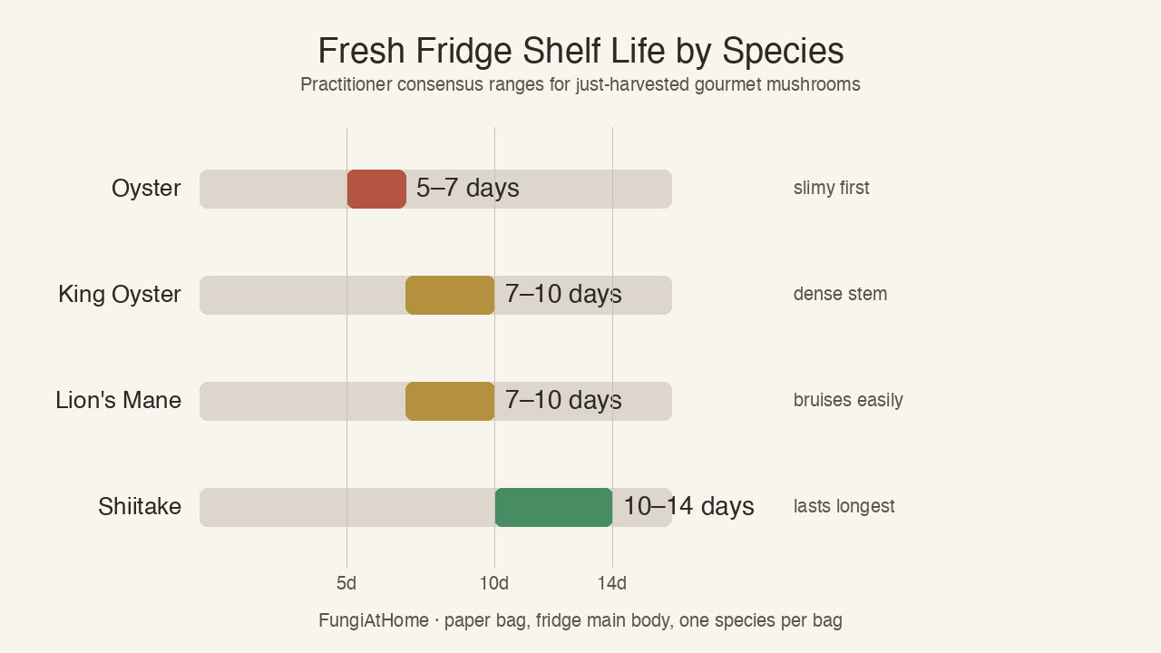 Fresh fridge shelf life by gourmet mushroom species: oyster 5-7 days, king oyster 7-10, lion's mane 7-10, shiitake 10-14