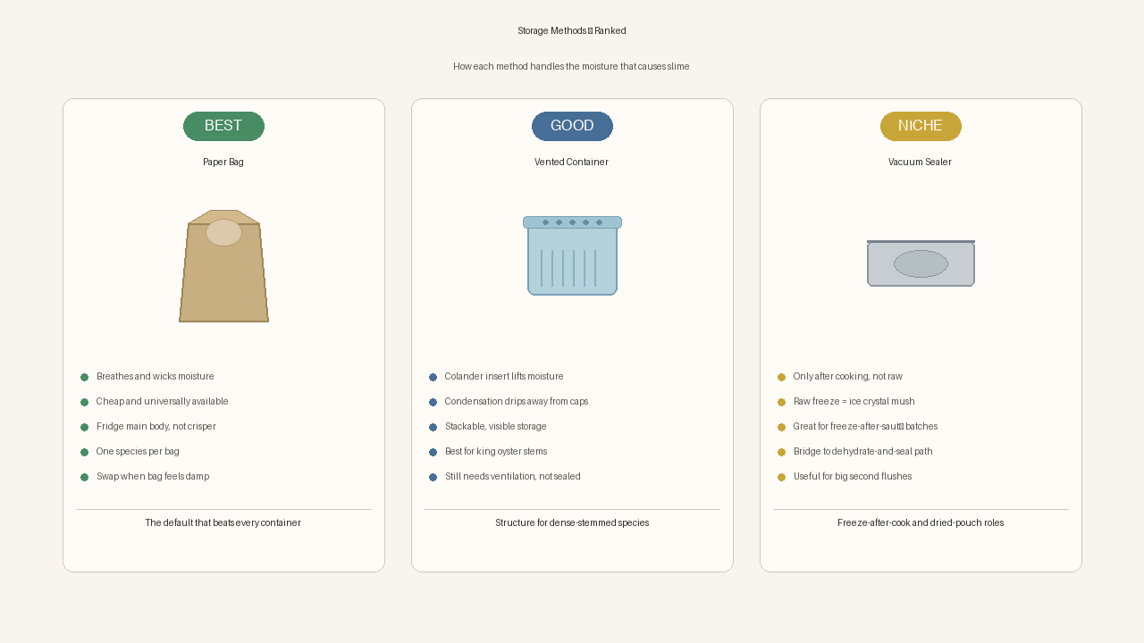 Three storage methods compared: paper bag, vented container, vacuum sealer