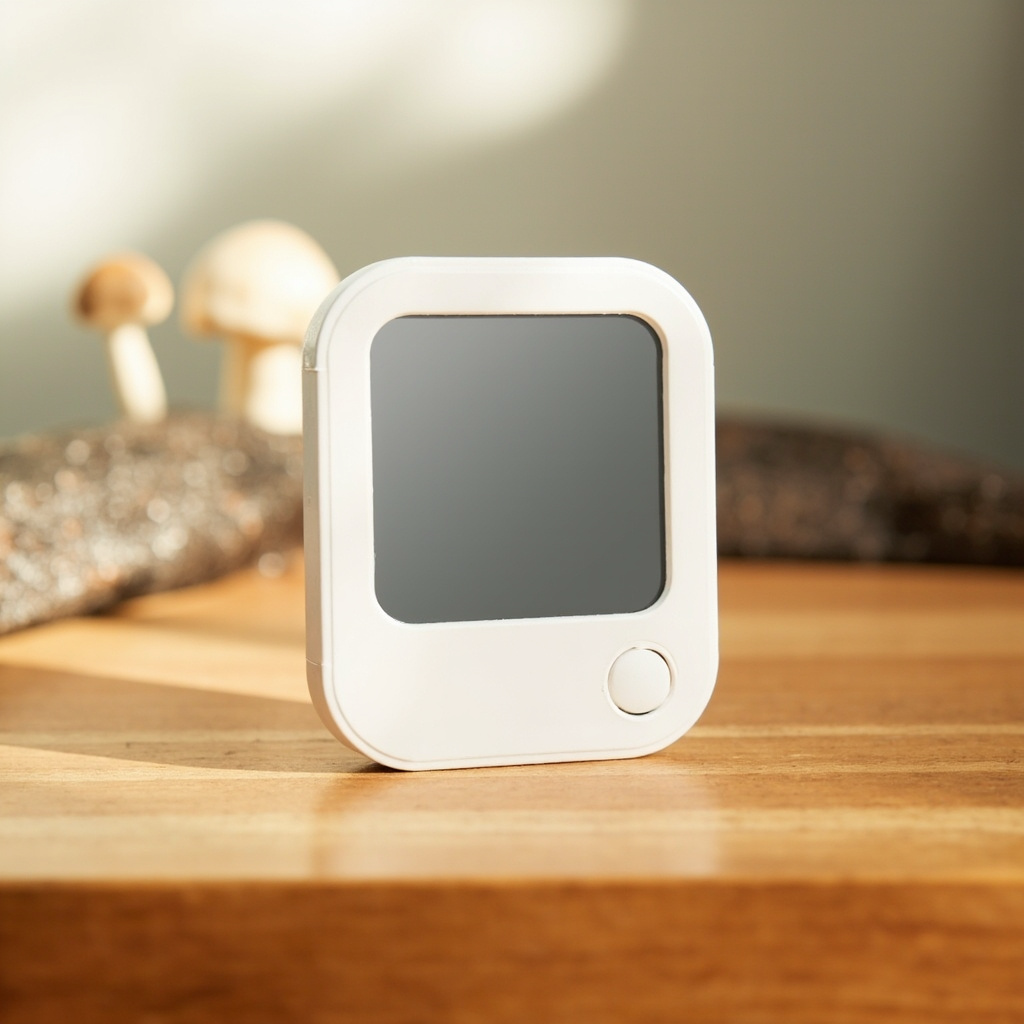 A small digital hygrometer on a kitchen counter reading 72 percent humidity and 68 F.