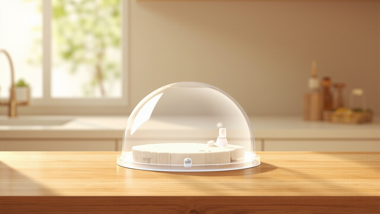Clear tabletop humidity dome over an oyster mushroom block on a kitchen counter, with a small hygrometer reading 75 percent.