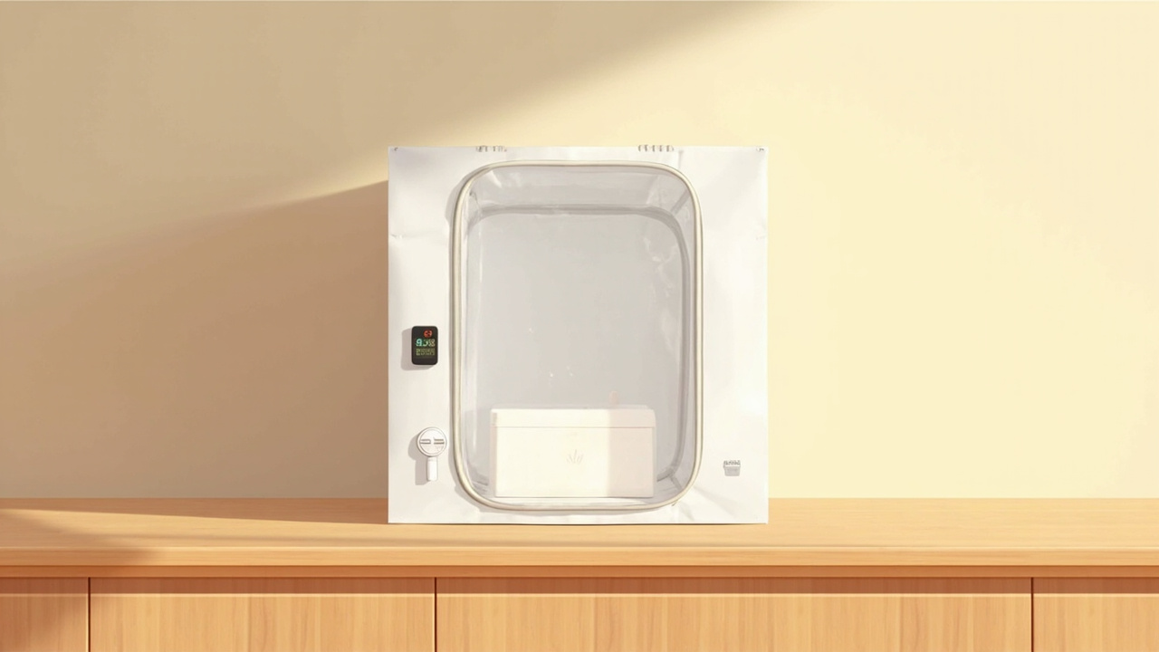 Tall transparent mushroom grow tent over a gourmet block on a kitchen counter, with a small fan and a mister inside.