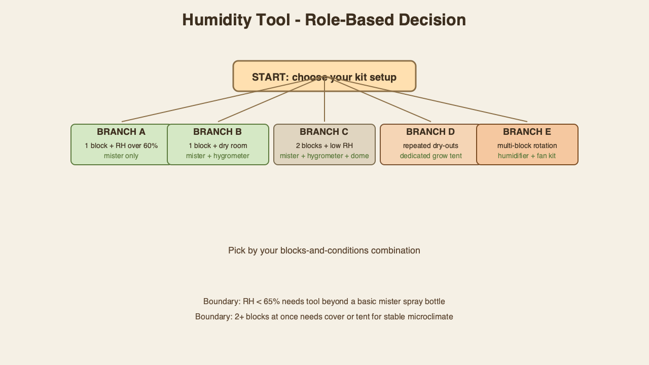 Decision-tree graphic for kitchen gourmet kit humidity tool selection, branches A through E.