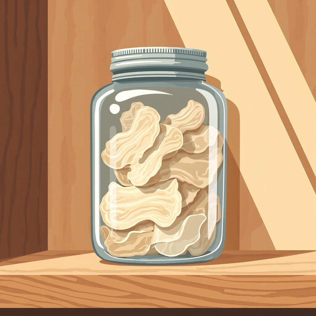 32 oz ComSaf wide-mouth glass mason jar with airtight lid, filled with dried oyster mushrooms, on a kitchen shelf.