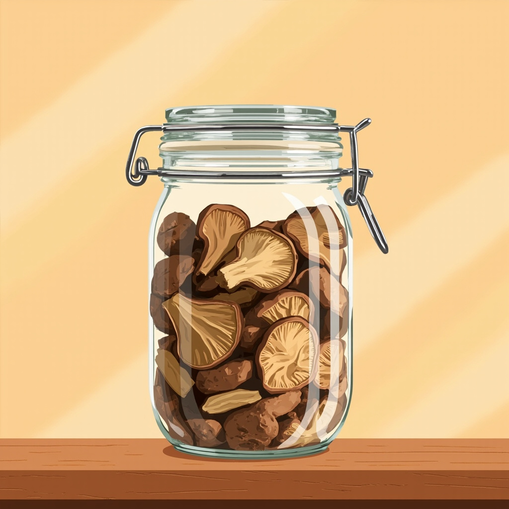 Encheng 32 oz wide-mouth mason jar with hinged airtight lid, dried shiitake slices inside.