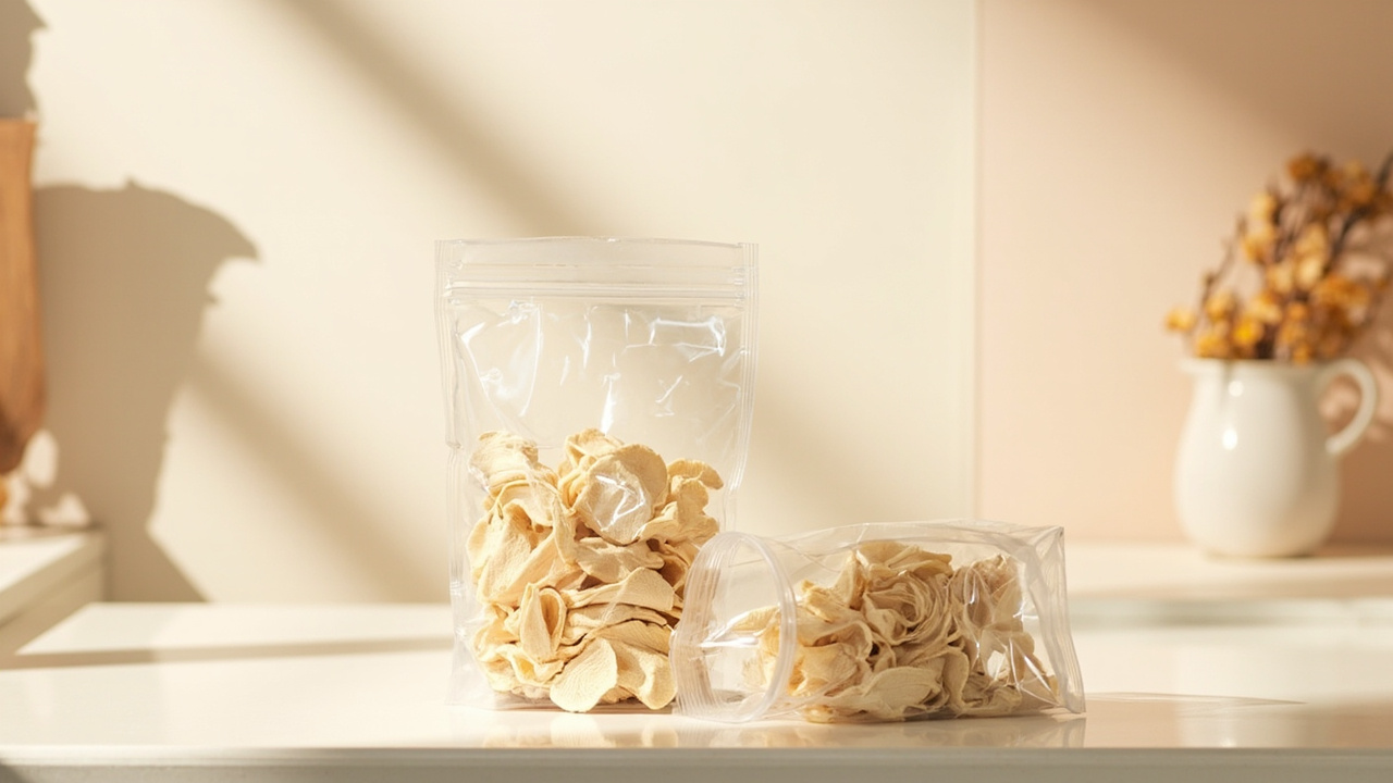 Two vacuum-sealed bags of dried mushrooms on a kitchen shelf, one opened to reveal dried lion's mane slices.
