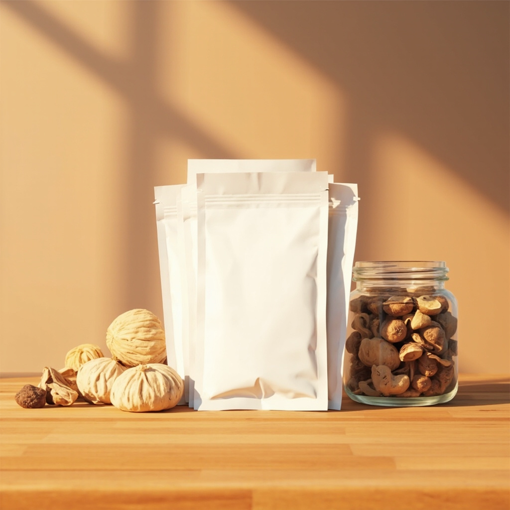 Small pile of food-grade silica gel packets next to a partially-filled mason jar of dried mushrooms.