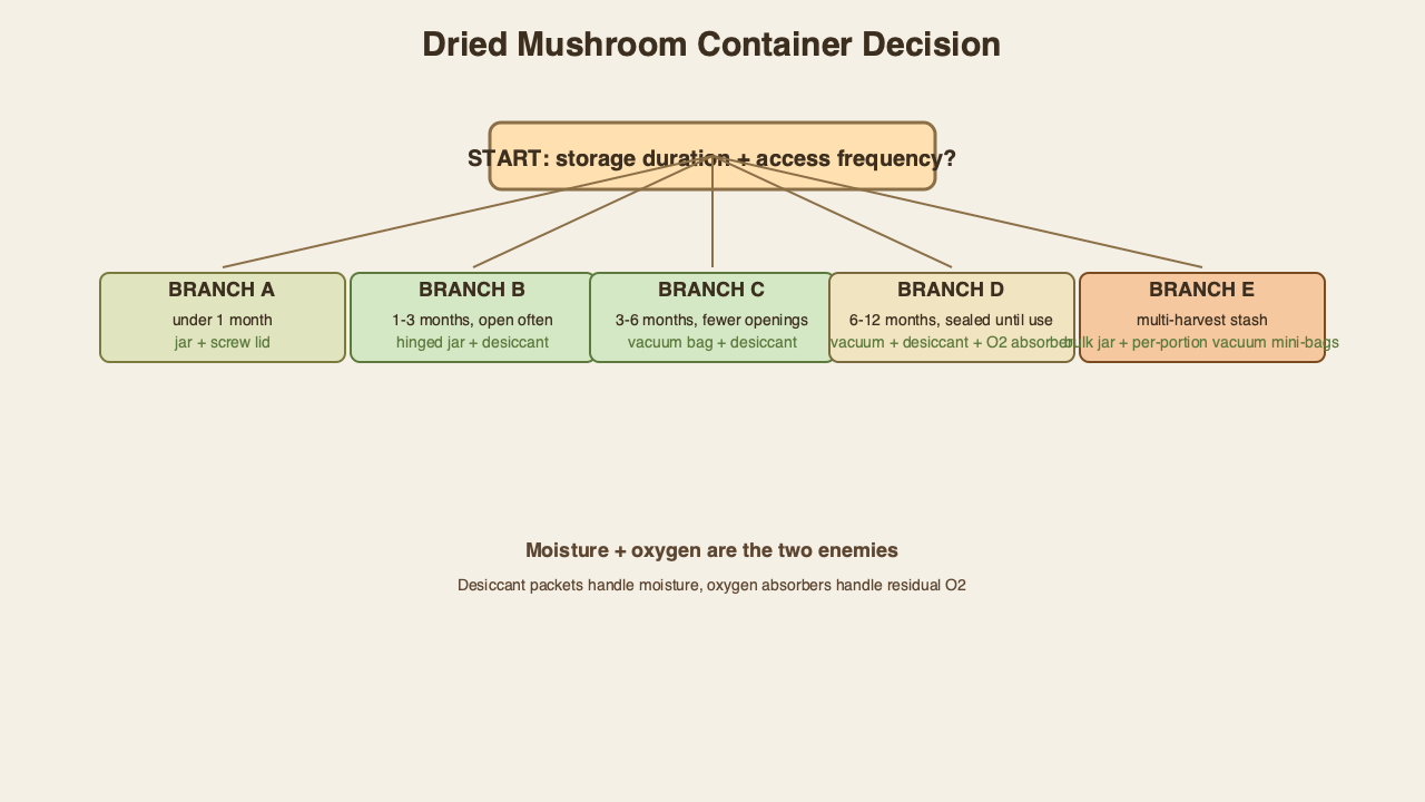Decision-tree graphic for dried mushroom container selection, branches A through E.