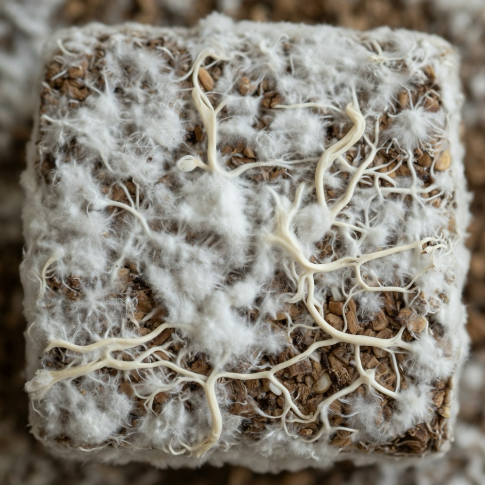 Close-up of healthy white mushroom mycelium on substrate — common beginner lookalike for mold