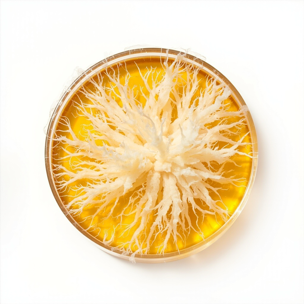 Top-down view of a petri dish with golden agar showing white oyster mushroom mycelium growing in a radial pattern