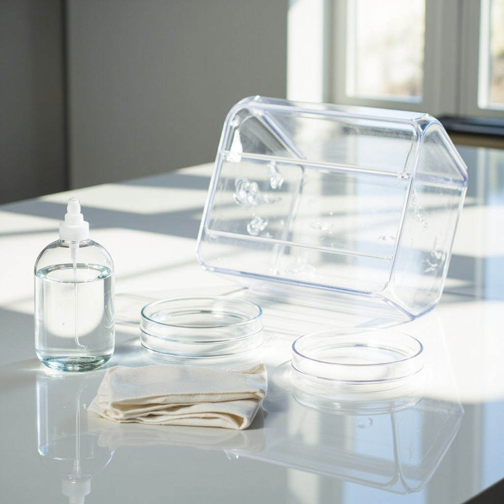 Still air box setup with sanitization supplies on a clean kitchen table for agar work