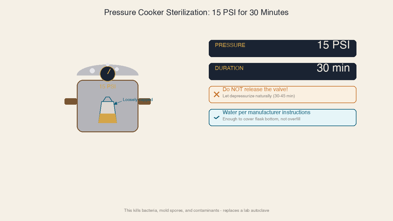 Pressure cooker sterilization diagram showing 15 PSI for 30 minutes with natural depressurization