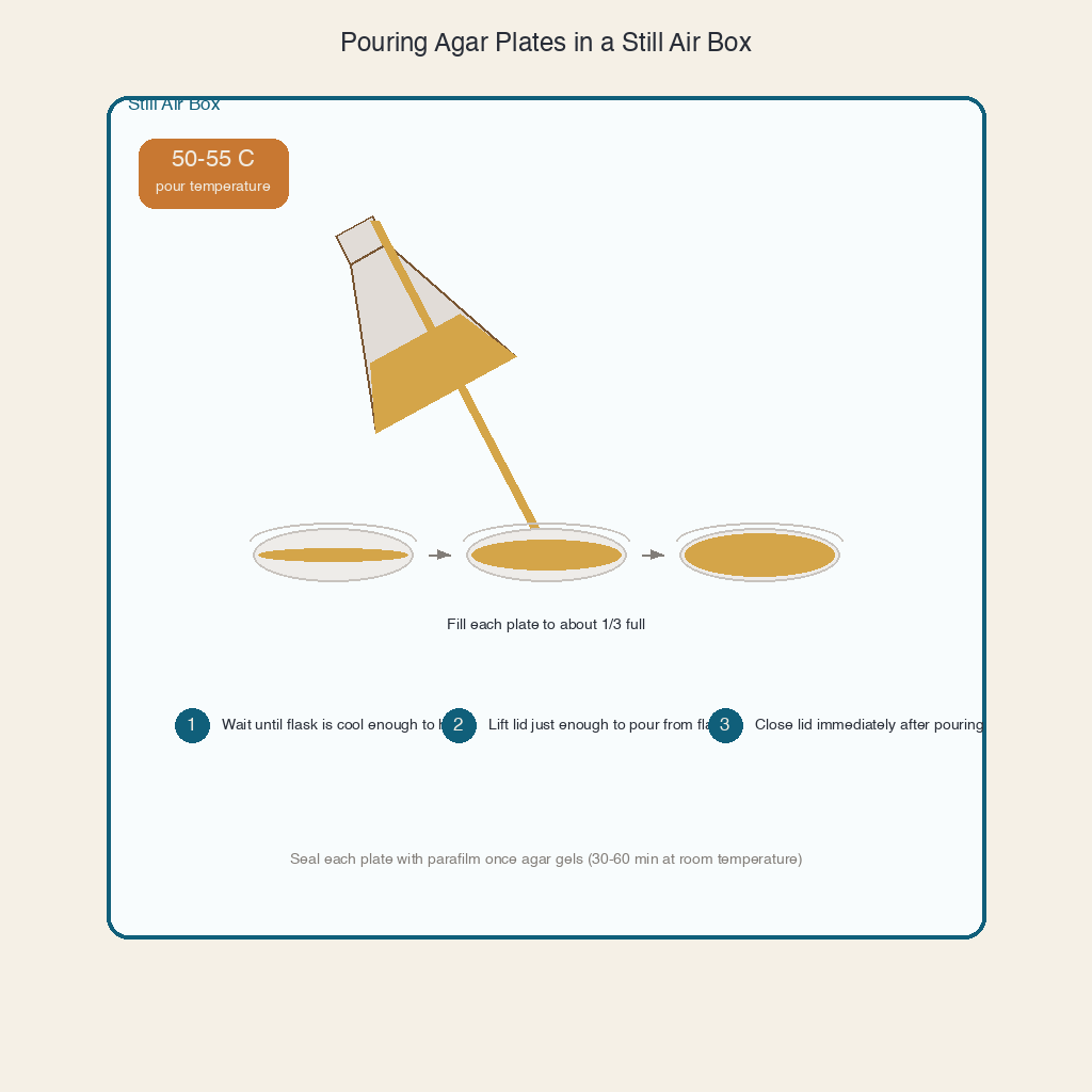 Pour-plate technique illustration showing agar poured into petri dishes at 50-55 degrees Celsius in a still air box