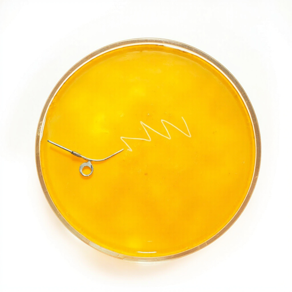 Inoculation loop with zigzag streak pattern on golden agar surface for spore germination