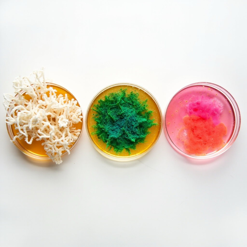 Contamination identification guide showing clean white mycelium versus green mold versus pink bacterial contamination
