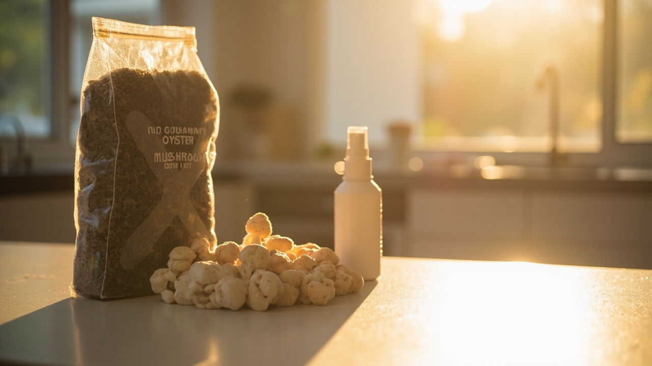 Kitchen fruiting setup for a gourmet mushroom kit