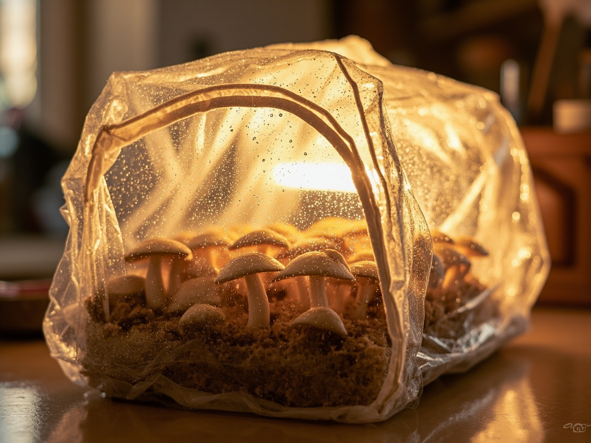 Clear humidity tent loosely draped over mushroom kit on kitchen counter, with airflow gaps