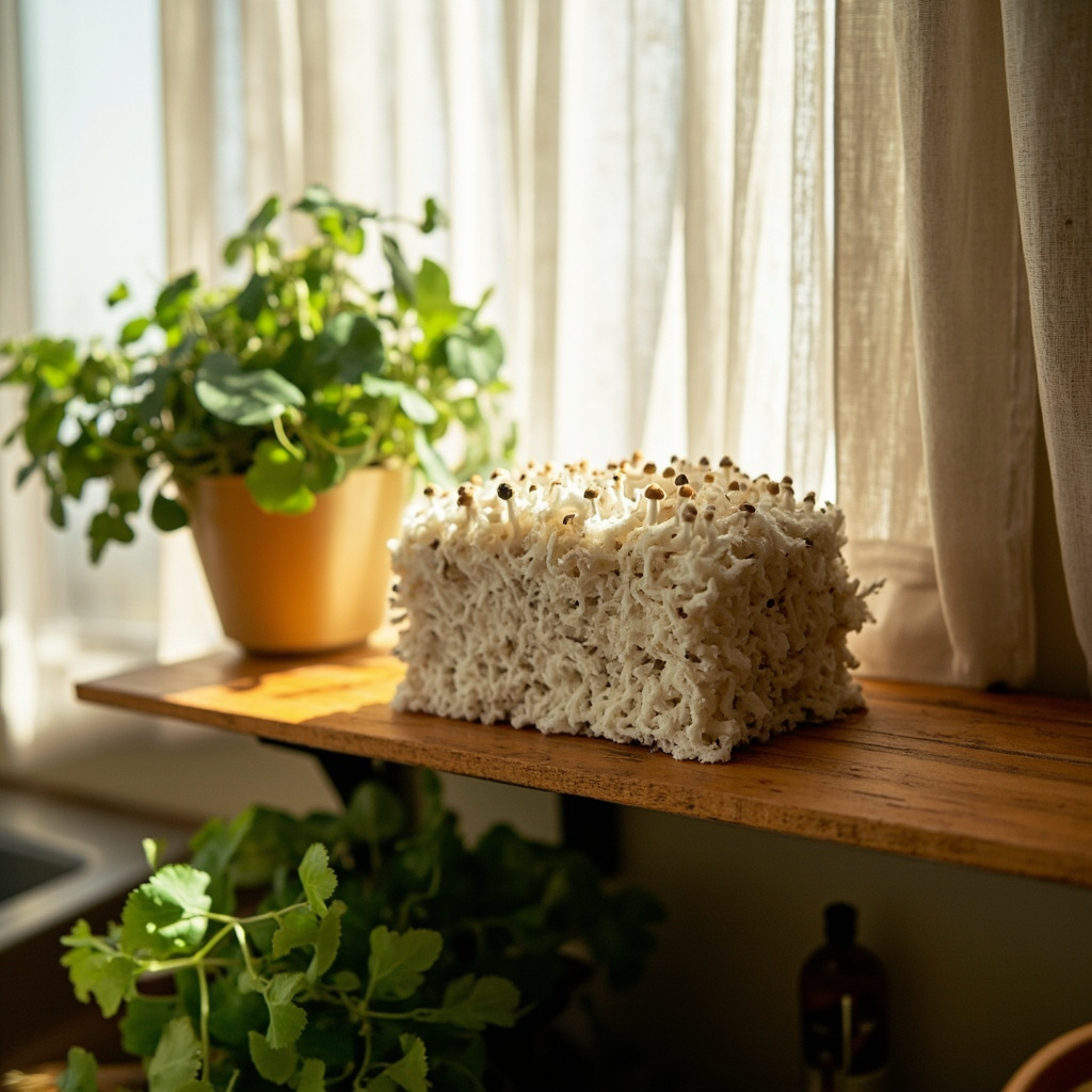Mushroom kit on kitchen shelf with indirect daylight from a window