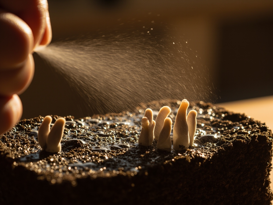 Hand misting a mushroom kit with a fine-mist spray bottle, dewy layer on cut surface