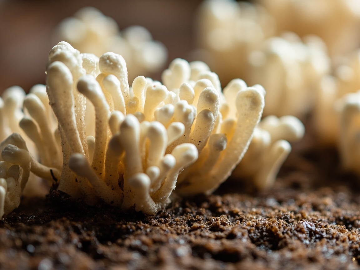 Close-up of healthy white mushroom pins forming in clusters on the cut surface of a gourmet mushroom grow kit block