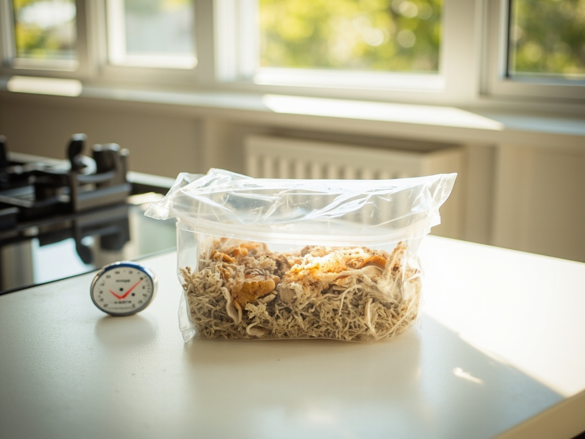 Mushroom grow kit on kitchen counter near east-facing window with hygrometer nearby