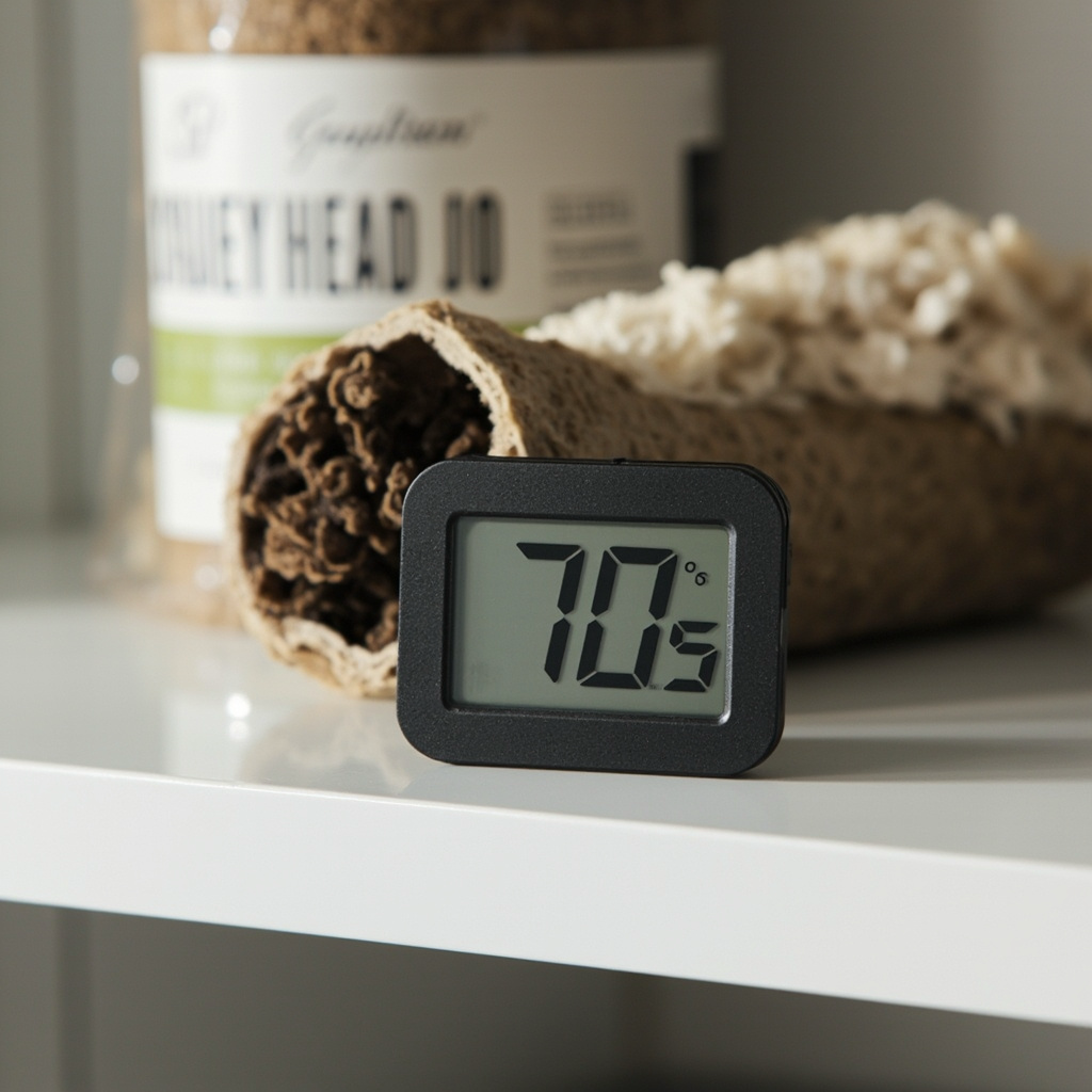Digital thermometer beside mushroom kit on kitchen counter