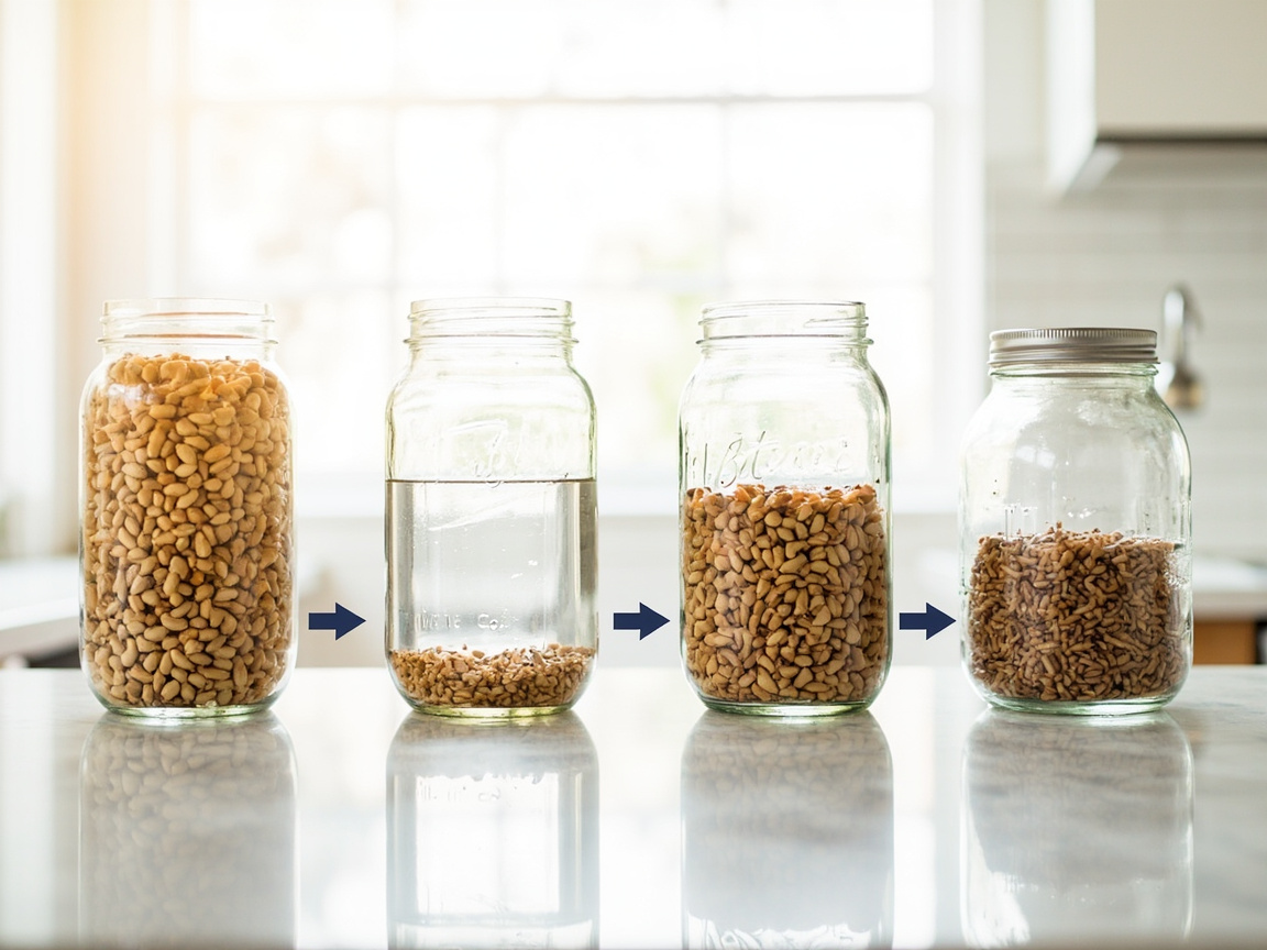 Four mason jars showing grain spawn stages: dry rye, soaking in water, simmered and drained, loaded and sterilized