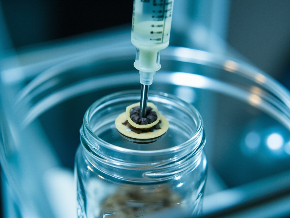 Sterile syringe injecting liquid culture through self-healing port on wide-mouth mason jar lid inside still air box