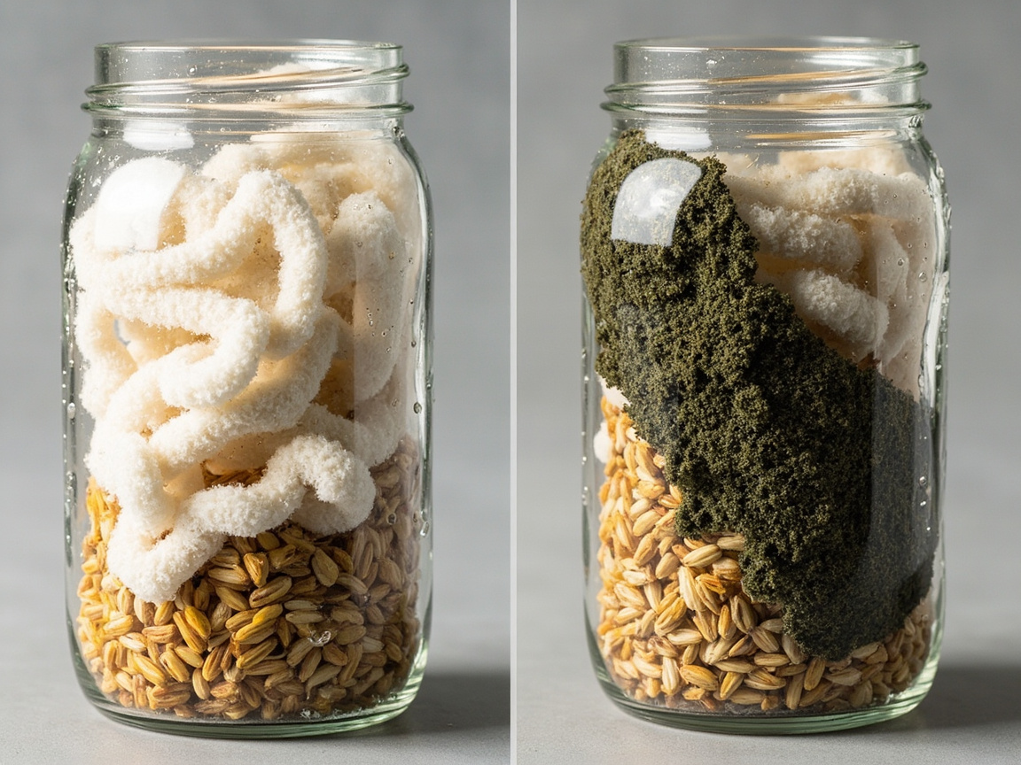 Side-by-side comparison: left jar fully colonized white mycelium, right jar contaminated with green mold patches
