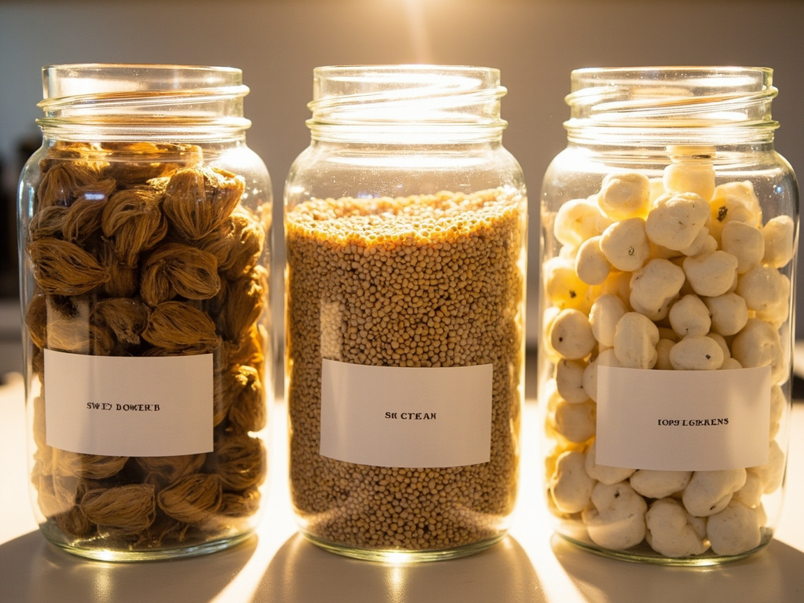 Side-by-side comparison of rye berries, millet, and popcorn kernels in glass jars for mushroom grain spawn