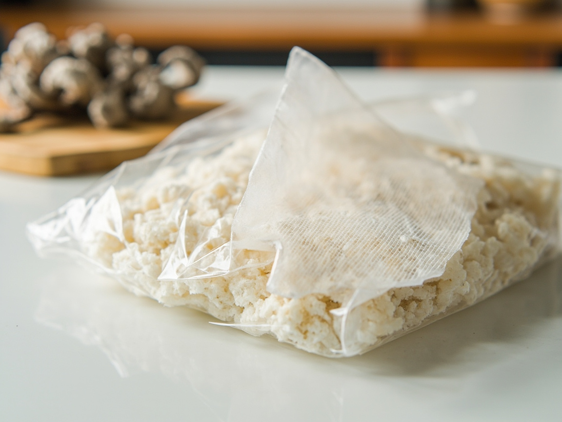 Sealed all-in-one grow bag with a white filter patch resting on a kitchen counter