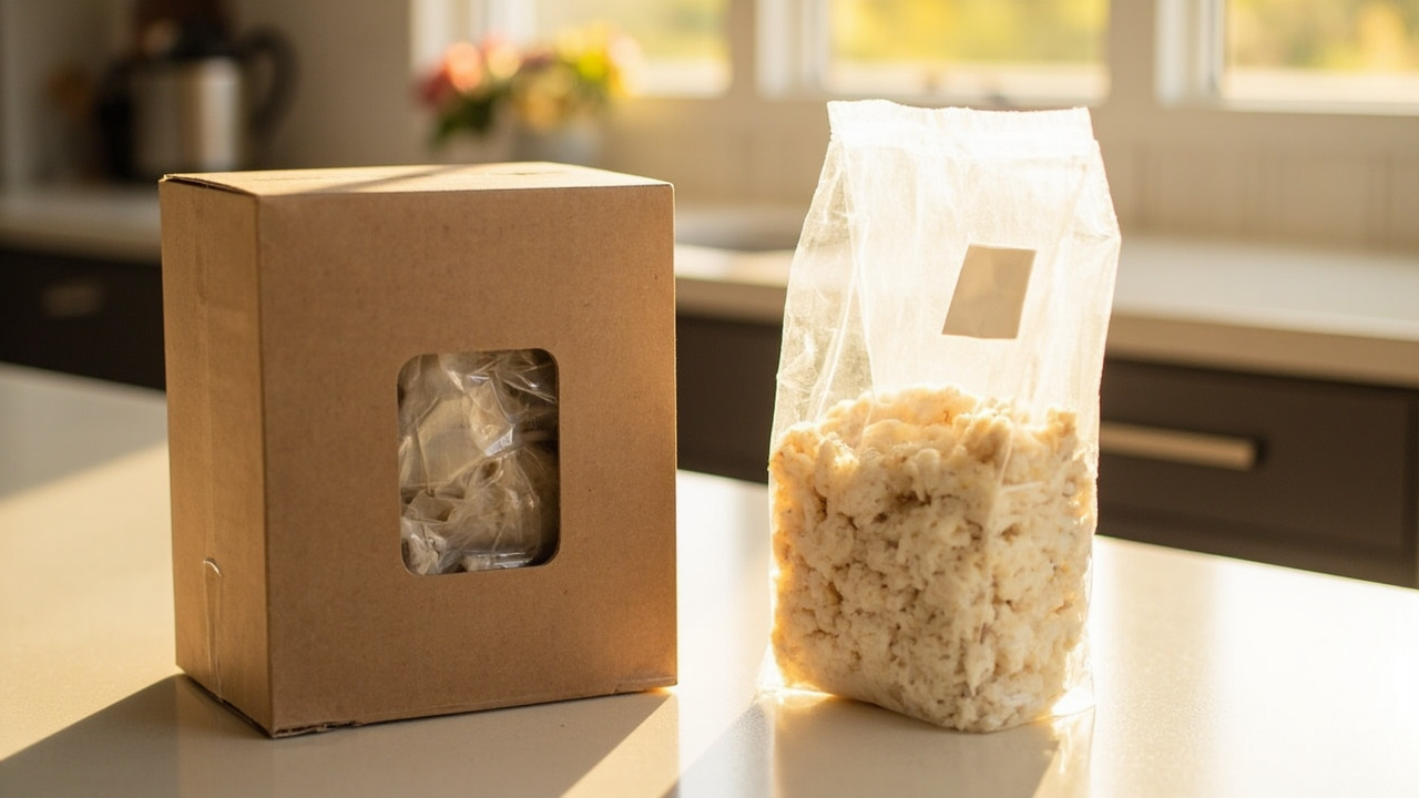 Boxed mushroom kit beside a plastic grow bag on a kitchen counter, the two common formats