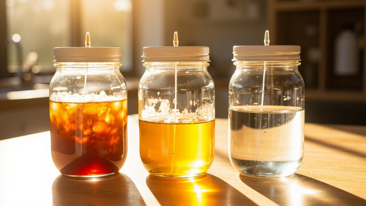 Three mason jars comparing LC recipes: dark amber honey, clear amber malt extract, and crystal clear premix