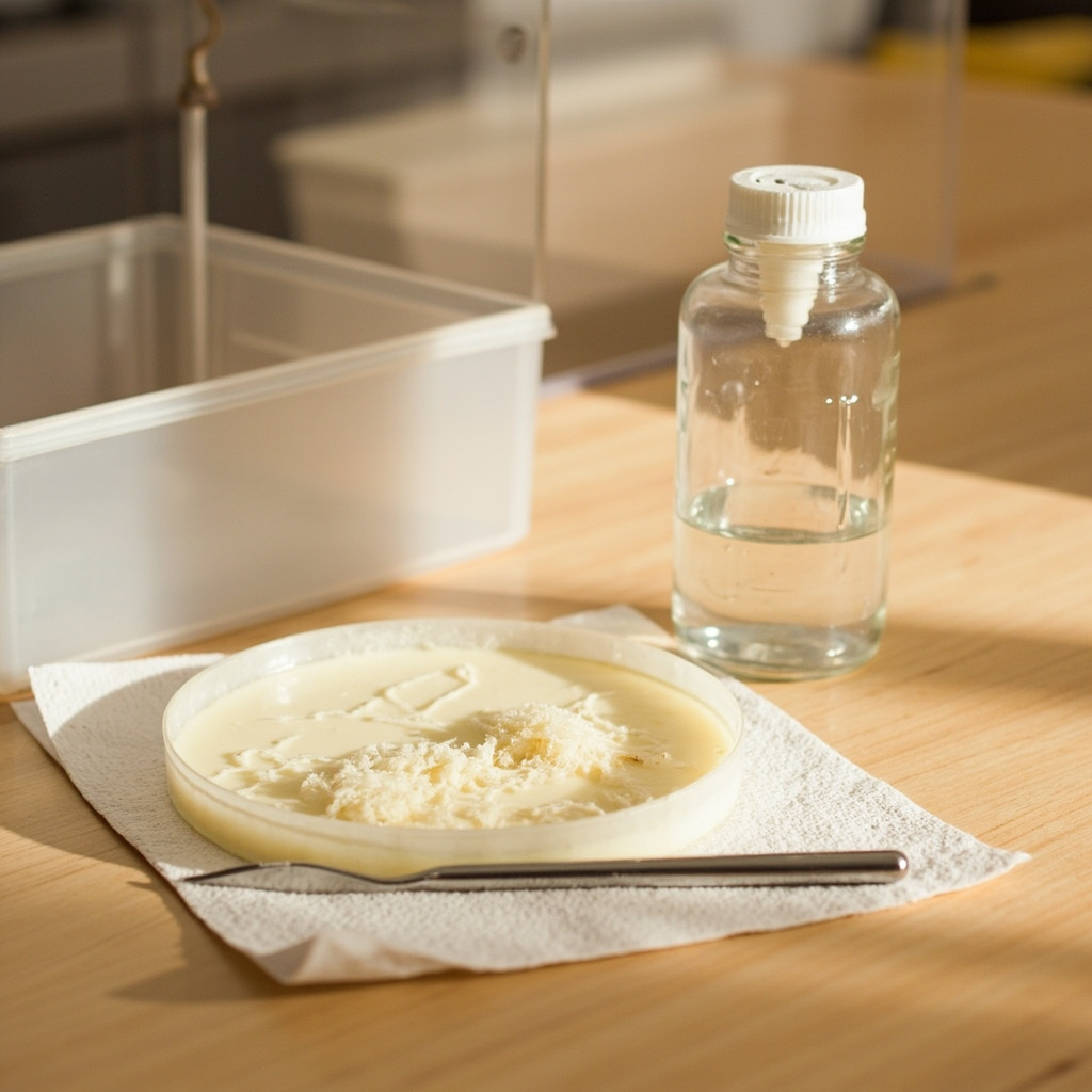 Agar transfer workspace: agar plate with white mycelium, scalpel, and LC jar ready for inoculation