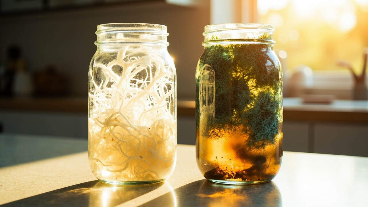 Clean vs contaminated LC: uniform white mycelium versus green patches in two mason jars