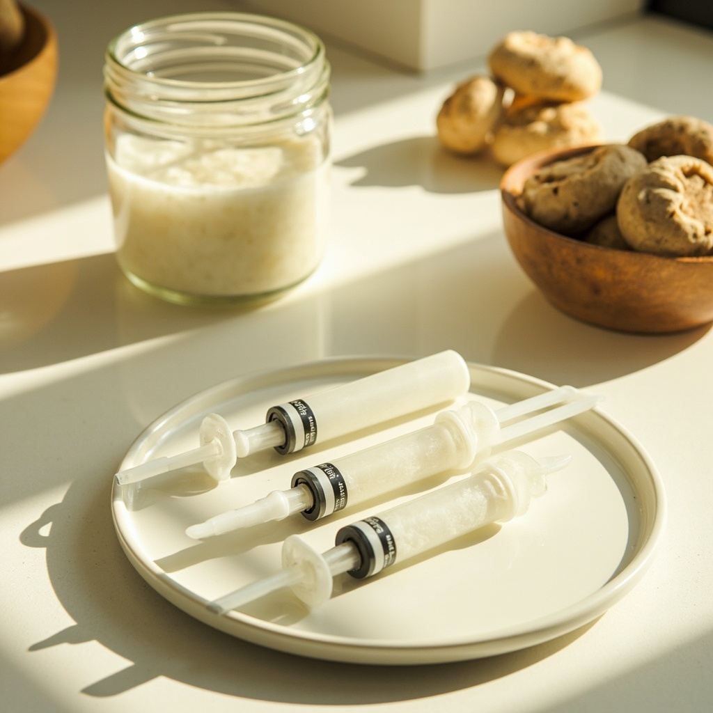 Three syringes filled with cloudy white liquid culture beside a mason jar and oyster mushrooms