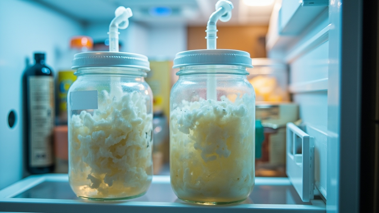 Glass mason jars of cloudy white liquid culture stored on a shelf inside a refrigerator with blank paper labels attached