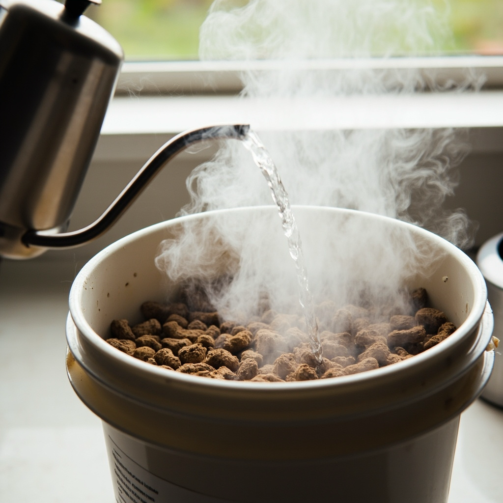 Hot water being poured from a kettle into a 5-gallon bucket of hardwood pellets, steam rising