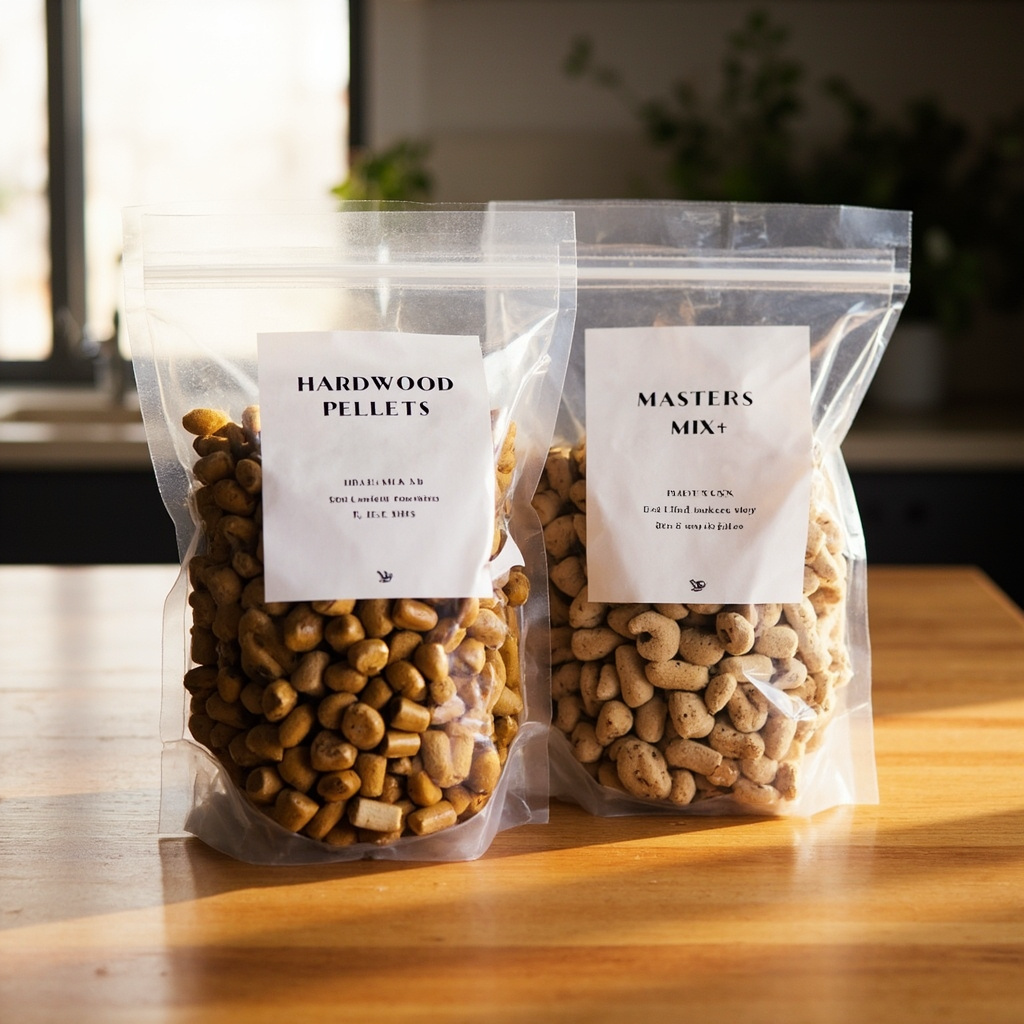 Two bags of hardwood pellets side by side: 100% oak and 50/50 oak and soy hull master's mix, on a kitchen counter